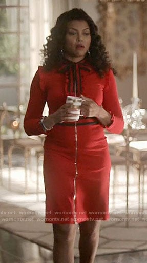 Cookie’s red zip-front dress with tie neck on Empire