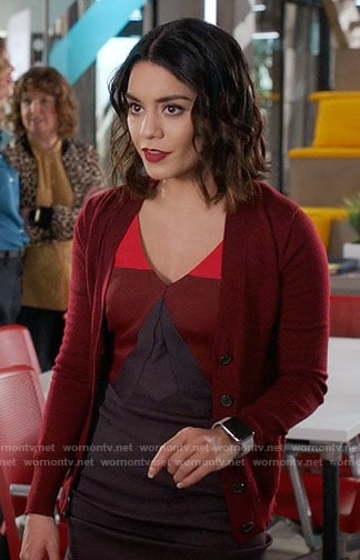 Emily’s red colorblock dress on Powerless