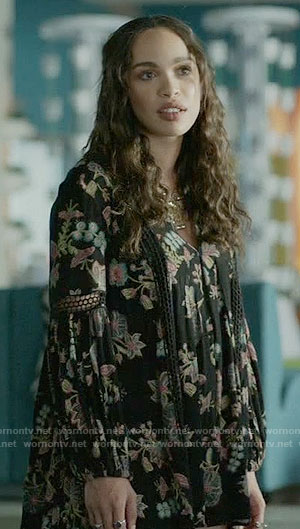 Erica’s black printed babydoll dress on Last Man on Earth
