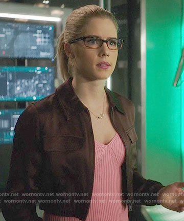 Felicity’s pink ribbed top and cropped jacket on Arrow