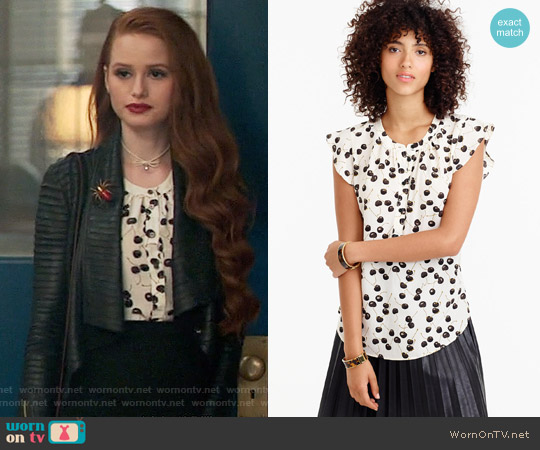 J.Crew Flutter-sleeve top in cherry print worn by Cheryl Blossom (Madelaine Petsch) on Riverdale