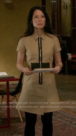 Joan’s beige zip-front shirtdress on Elementary