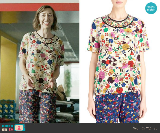 Kenzo Tanami Flower Silk Crepe Top worn by Carol Pilbasian (Kristen Schaal) on Last Man On Earth