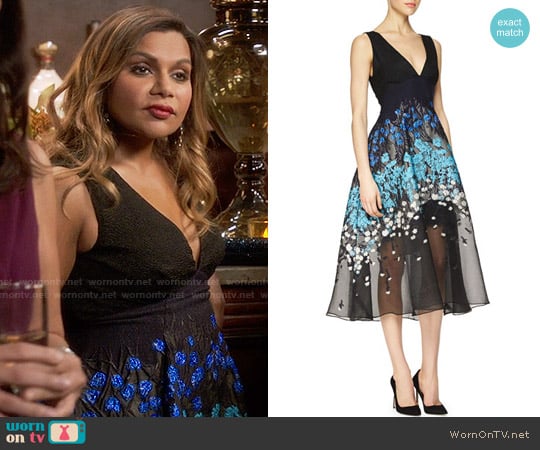 Lela Rose Floral-Embroidered Fit-And-Flare Combo Dress worn by Mindy Lahiri (Mindy Kaling) on The Mindy Project