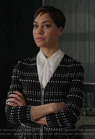 Lucca’s black and white peplum jacket on The Good Fight