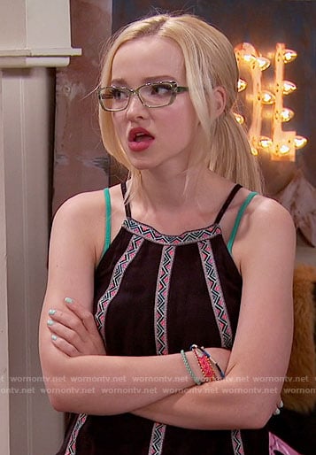 Maddie’s black embroidered top with tassels on Liv and Maddie