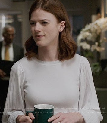 Maia’s white sweater with pleated sleeves on The Good Fight