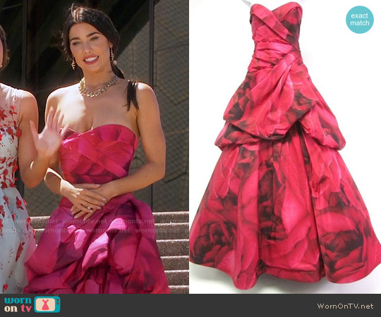 Monique Lhuillier - Spring 2011 Collection Rose Print Taffeta Strapless Bustled Ball Gown worn by Steffy Forrester (Jacqueline MacInnes Wood) on The Bold and the Beautiful