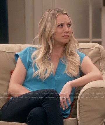 Penny’s blue v-neck top on The Big Bang Theory