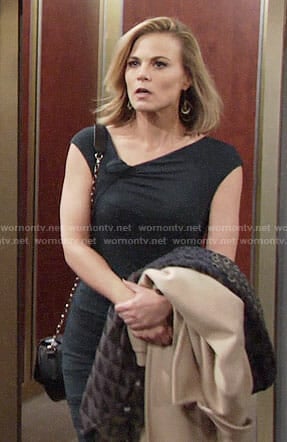 Phyllis’s black asymmetrical neck dress on The Young and the Restless
