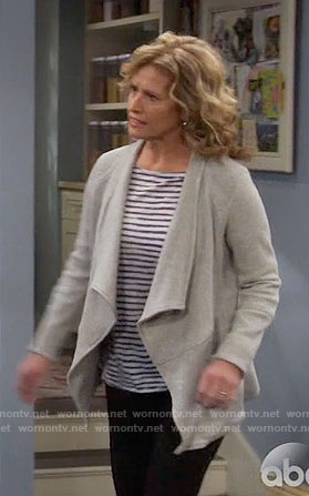 Vanessa’s striped top and grey draped jacket on Last Man Standing