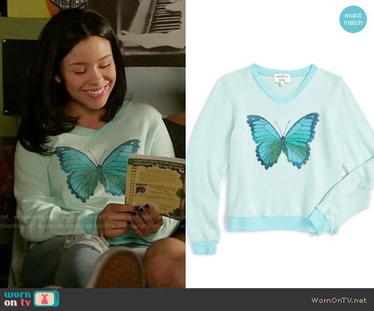 Wildfox Girls Baggy Beach - Blue Butterfly Graphic Sweatshirt worn by Mariana Foster (Cierra Ramirez) on The Fosters