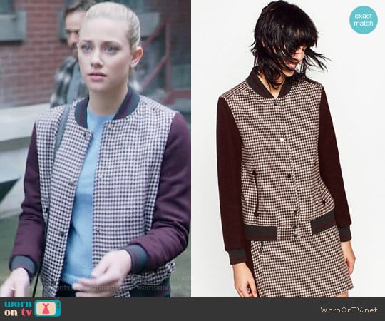 Zara Checked Bomber Jacket worn by Betty Cooper (Lili Reinhart) on Riverdale