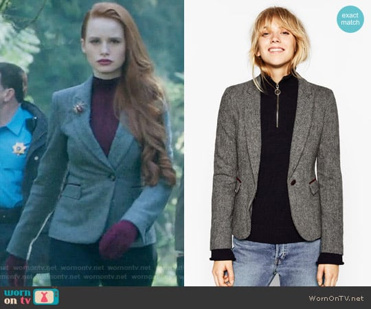 Zara Herringbone Blazer with Elbow Patches worn by Cheryl Blossom (Madelaine Petsch) on Riverdale