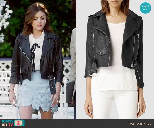 All Saints Brooklyn Leather Biker Jacket worn by Aria Montgomery (Lucy Hale) on Pretty Little Liars