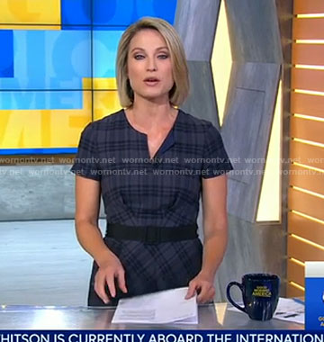 Amy’s blue plaid split neck dress on Good Morning America