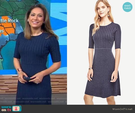 Ann Taylor Ribbed Flare Sweater Dress worn by Ginger Zee on Good Morning America