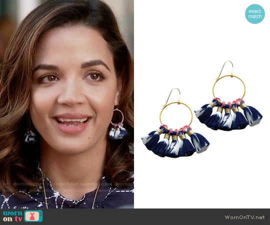 Bluma Project by Bluma Project Shiloh Ikat Hoop Earring in Indigo worn by Cassandra (Georgie Flores) on Famous in Love