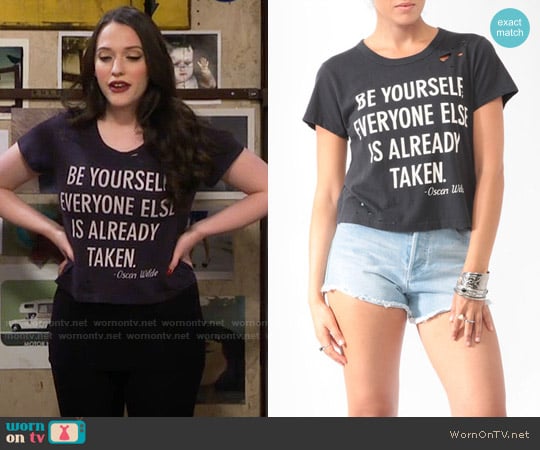 Destroyed Be Yourself Tee by worn by Max Black (Kat Dennings) on 2 Broke Girls