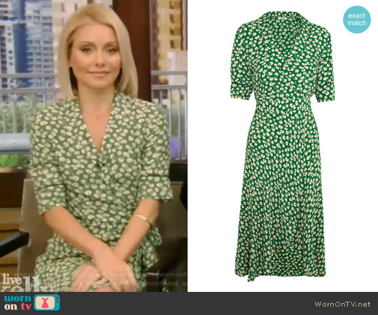 Ganni Dalton floral-print crepe wrap dress worn by Kelly Ripa on Live with Kelly and Mark
