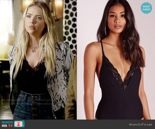 Missguided Lace Trim V Neck Bodysuit worn by Hanna Marin (Ashley Benson) on Pretty Little Liars