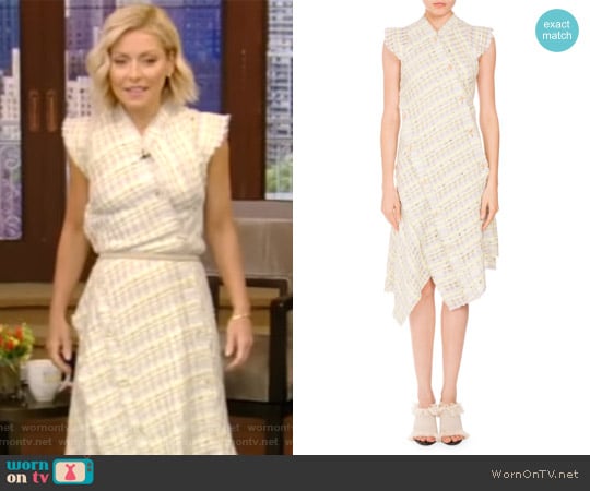 Proenza Schouler Plaid Boucle Asymmetric Button Dress worn by Kelly Ripa on Live with Kelly and Mark