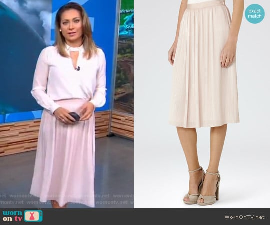 Reiss Adalie Pink Linen Plisse Midi Skirt worn by Ginger Zee on Good Morning America