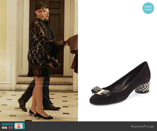 Salvatore Ferragamo Eva Mosaic Suede Mid-Heel Pump worn by Lucca Quinn (Cush Jumbo) on The Good Fight