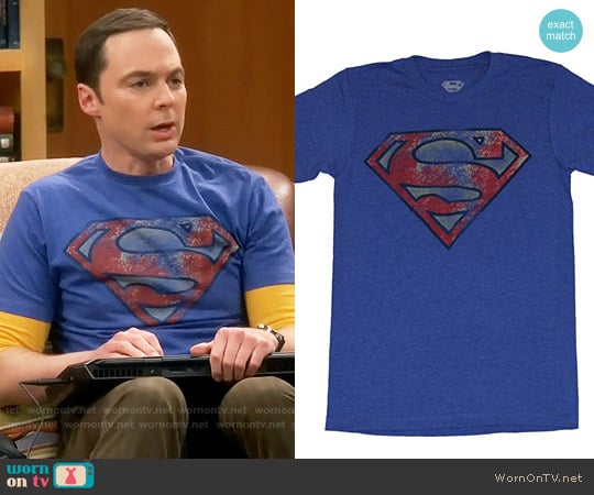 Superman Heavily Distressed T-shirt worn by Sheldon Cooper (Jim Parsons) on The Big Bang Theory