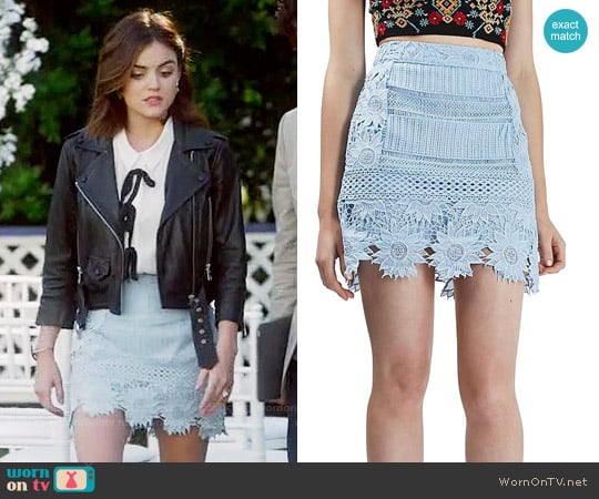 Topshop Cutwork Flower Lace Miniskirt worn by Aria Montgomery (Lucy Hale) on Pretty Little Liars