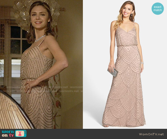 Adrianna Papell Embellished Blouson Gown in Taupe / Pink worn by Megan Morrison (Christine Evangelista) on The Arrangement