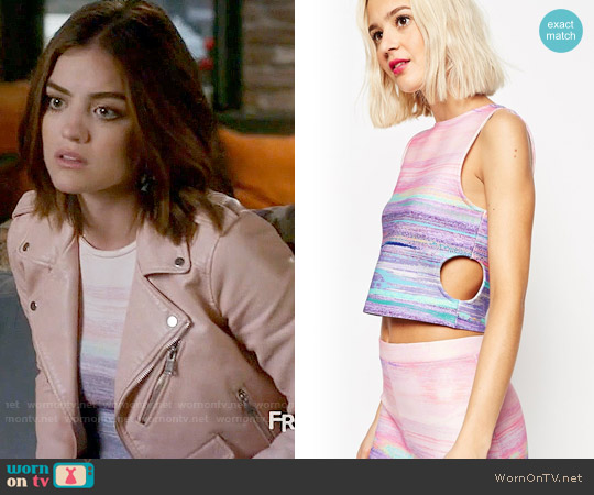 ASOS Top with Cutouts and Blurred Stripe Print worn by Aria Montgomery (Lucy Hale) on Pretty Little Liars