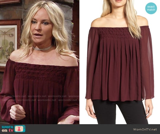 Bailey 44 Helena Off Shoulder Top in Berry worn by Sharon Newman (Sharon Case) on The Young and the Restless