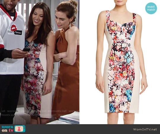 Black Halo Sadie Dress in Happy Days / Buttercream worn by Juliet Helton (Laur Allen) on The Young and the Restless