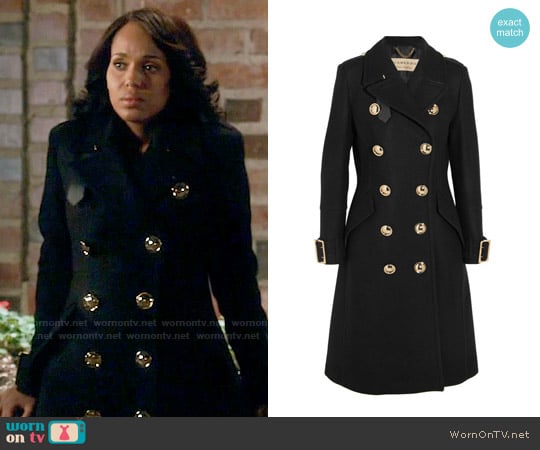 Burberry Leather-trimmed double-breasted wool-blend coat worn by Olivia Pope (Kerry Washington) on Scandal