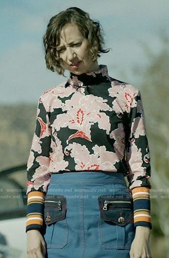 Carol’s black and pink floral top and denim skirt on Last Man on Earth