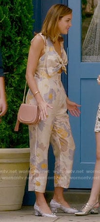 Cassie’s floral bow front jumpsuit on Famous in Love