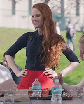 Cheryl’s navy blouse and red skirt with front pockets on Riverdale