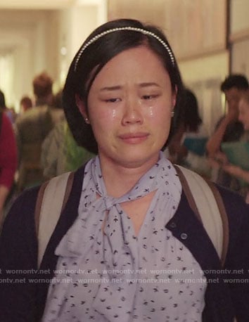 Courtney’s blue printed tie-neck top on 13 Reasons Why