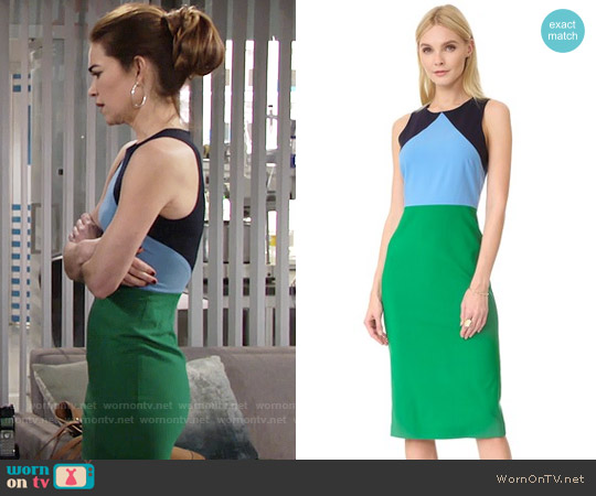 Diane von Furstenberg Sleeveless Midi Dress in Green Envy worn by Victoria Newman (Amelia Heinle) on The Young and the Restless