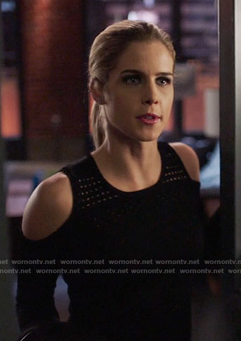 Felicity’s black mesh cold-shoulder sweater on Arrow