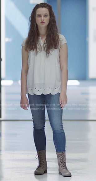 Hannah’s white eyelet top and lace-up boots on 13 Reasons Why