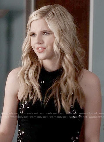 Harley’s black grommet studded dress on Famous in Love