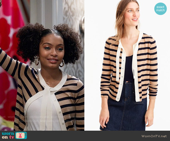 J.Crew Jackie tie-neck cardigan sweater in stripes worn by Zoey Johnson (Yara Shahidi) on Black-ish