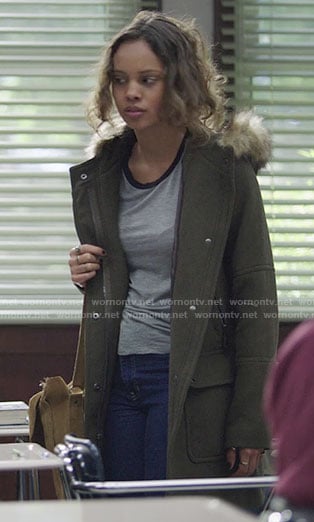 Jessica’s grey ringer tee and fur hooded coat on 13 Reasons Why