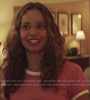 Jessica’s red t-shirt with white trim on 13 Reasons Why
