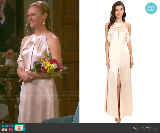Jill Jill Stuart Satin Back Crepe Halter Ruffled Neck Gown worn by Abigail Deveraux (Kate Mansi) on Days of our Lives