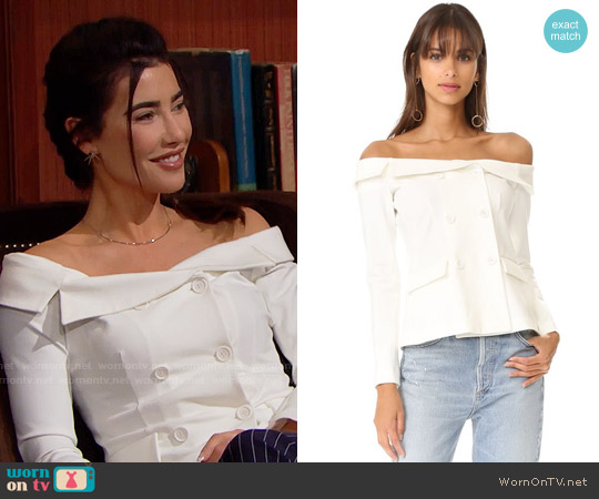 LAgence Stephan Off Shoulder Top worn by Steffy Forrester (Jacqueline MacInnes Wood) on The Bold and the Beautiful