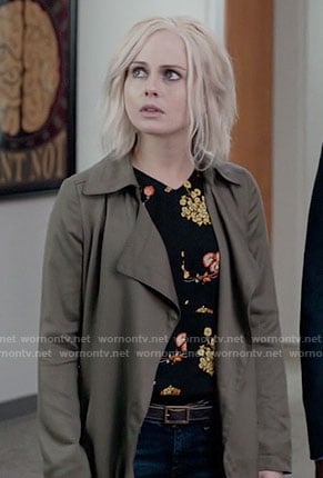 Liv’s black and orange floral top and draped coat on iZombie