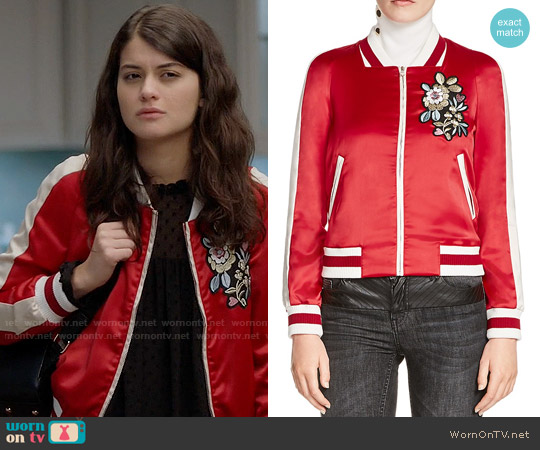 Maje Bob Embroidered Satin Bomber Jacket worn by Sabrina Pemberton (Sofia Black D'Elia) on The Mick